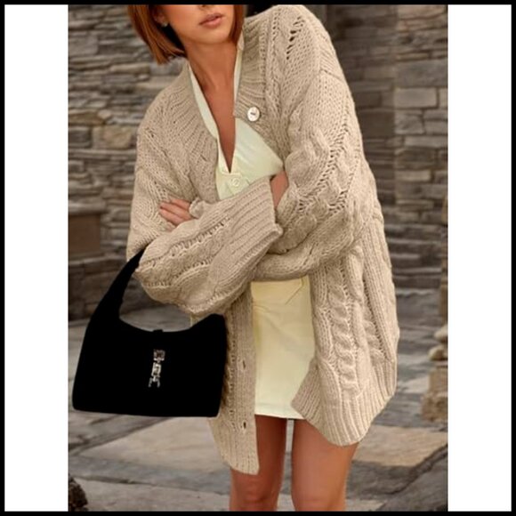 Chunky Cable Knit Cardigan Sweater Dress, Oversized Fit, Warm Winter Wear - Picture 3 of 7